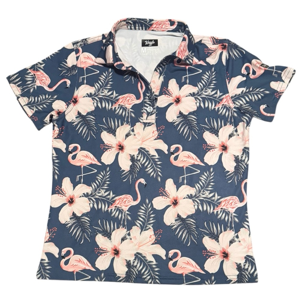 Waggle Girls Flamingo Flyer Sleeveless Golf Polo‎ Tropical Print Size M NWT